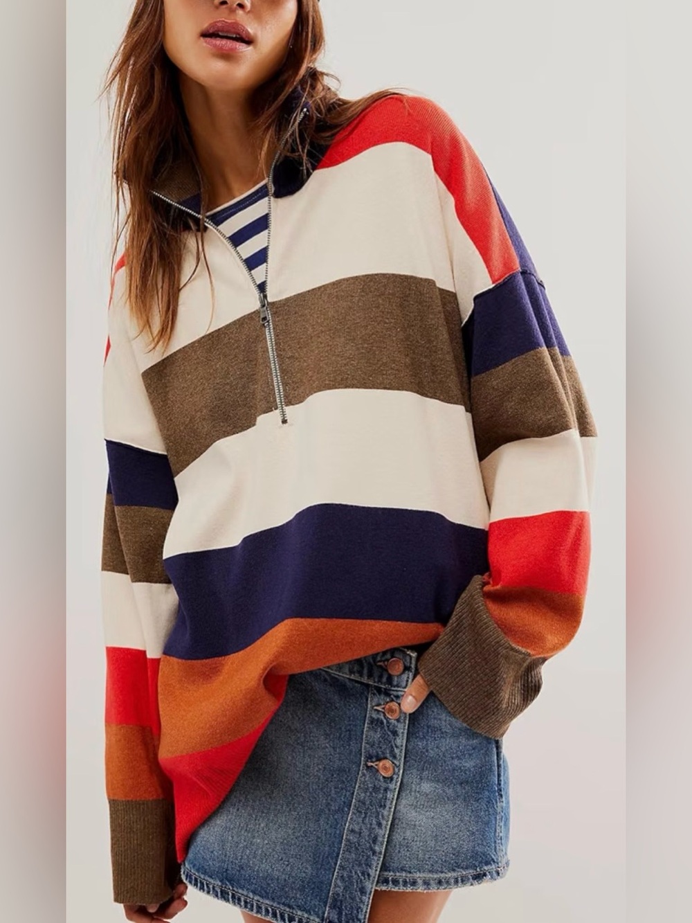 Free People Coastal Stripe Quarter Zip in Multi - Oversized.